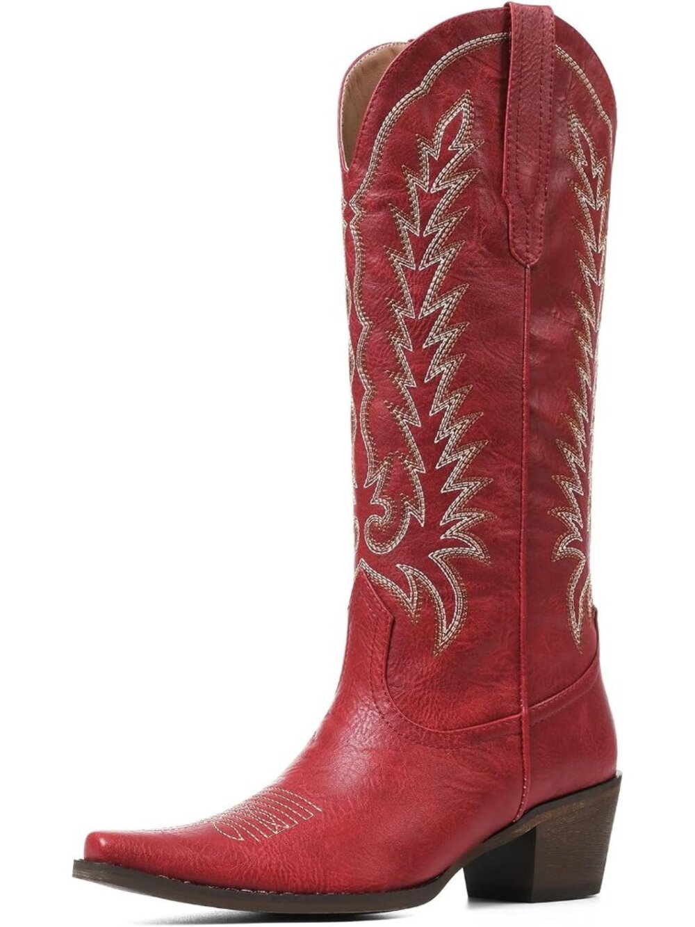 Women's Red Western Cowgirl Boots Knee High Snip Toe Embroidered Boots Pull On